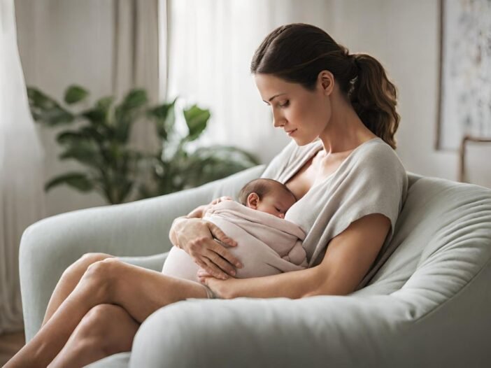 Dicas de amamentação para mães de primeira viagem - Imagem de mãe amamentando seu bebê na poltrona do quarto dele