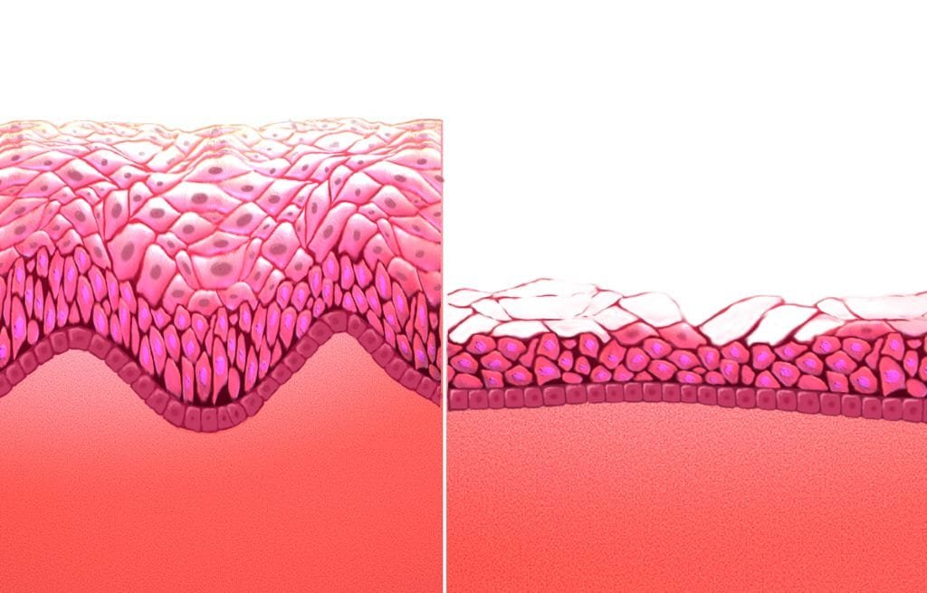 Ilustração de mucosa vaginal normal e na menopausa